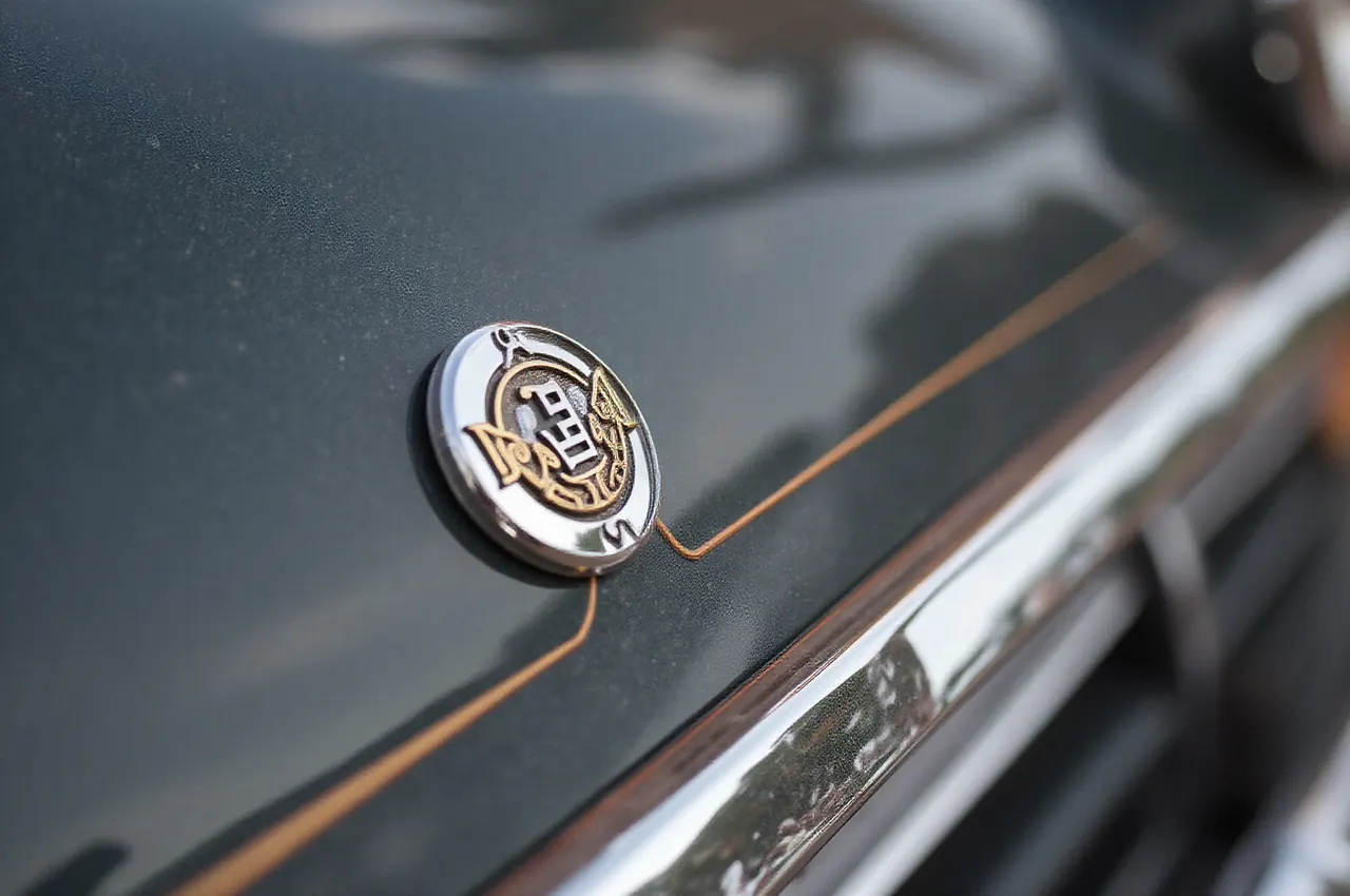 Macro di un fregio cromato lucidato e di un filetto dipinto a mano sul parafango di un'auto classica