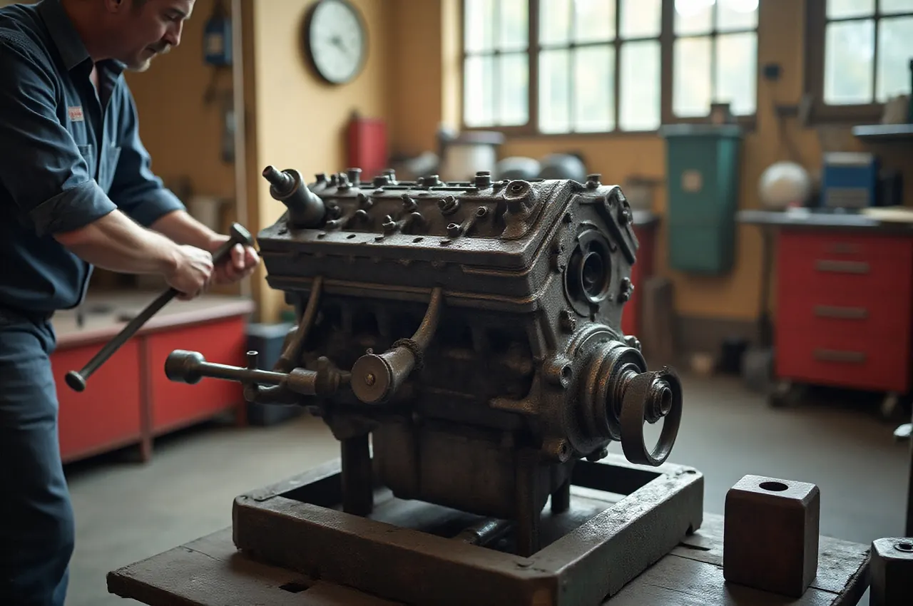 Motore bialbero d'epoca parzialmente smontato sul cavalletto, con le mani di un meccanico e una chiave
