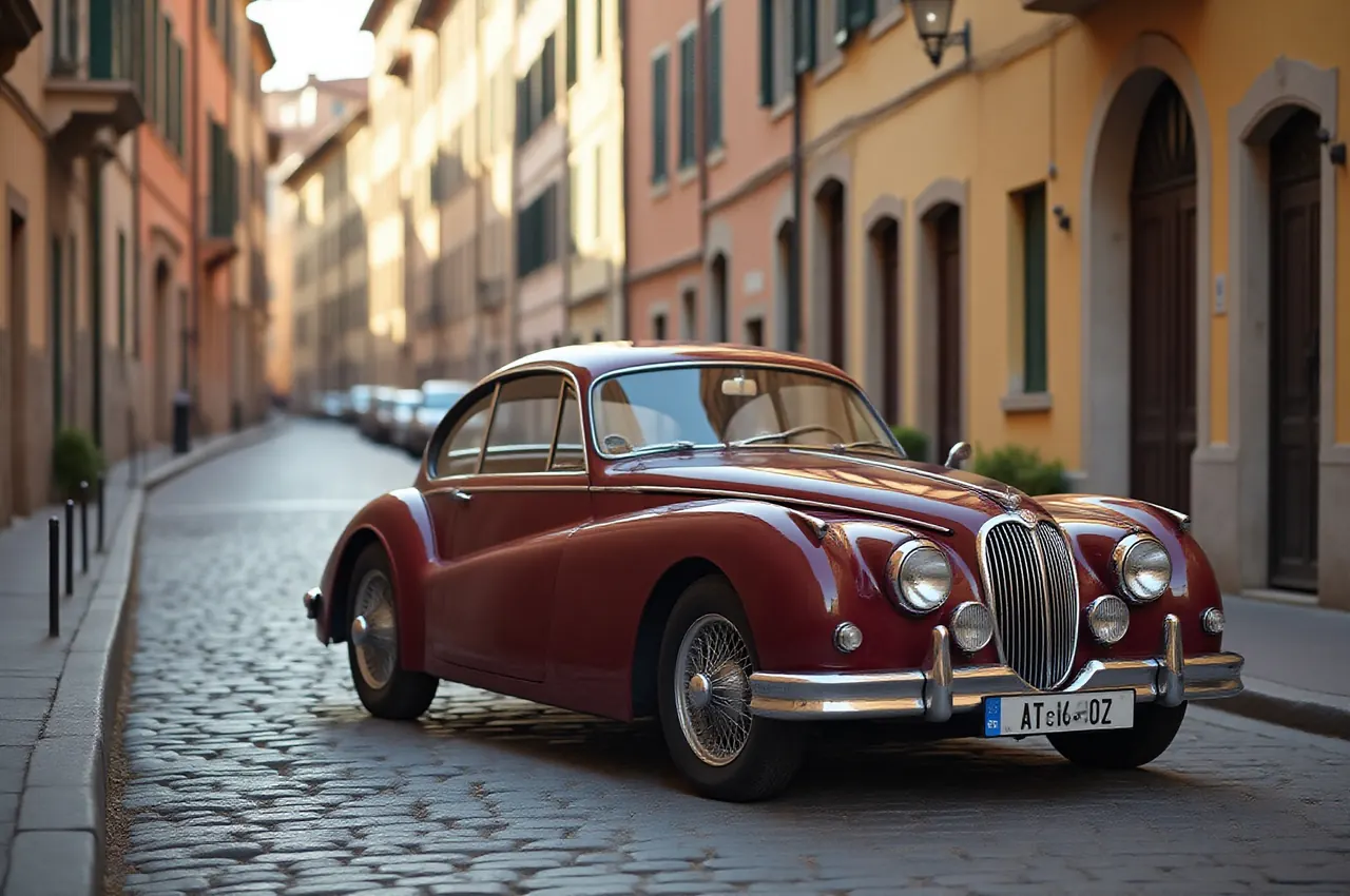 Coupe classica bordeaux completamente restaurata, parcheggiata su una via acciottolata italiana al tramonto