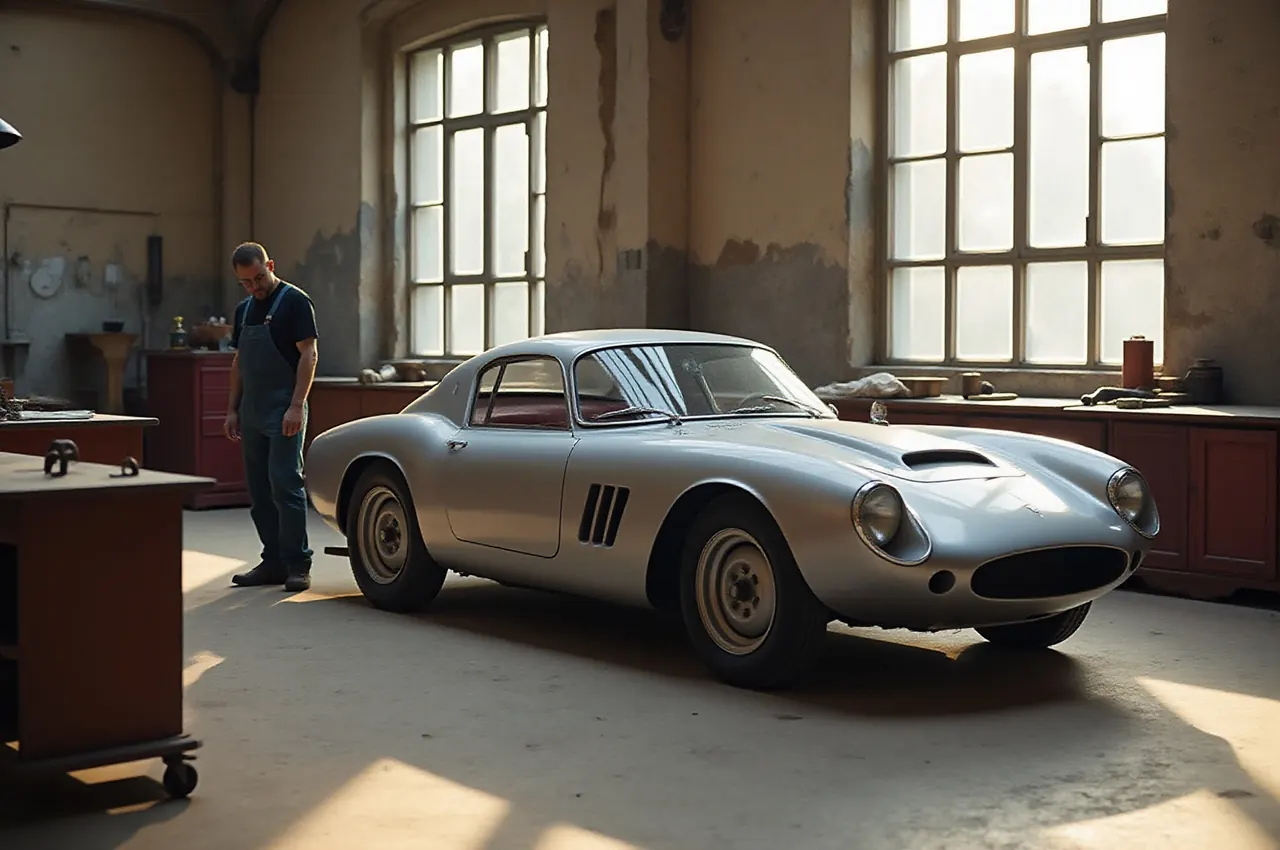 Coupe sportiva italiana degli anni Sessanta a meta restauro, in lamiera nuda, con un meccanico in tuta accanto nell'officina