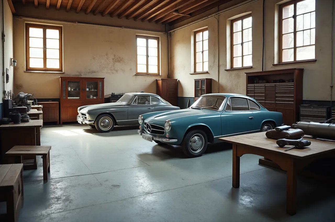 Veduta d'insieme dell'officina di restauro con due auto classiche e gli armadi degli attrezzi